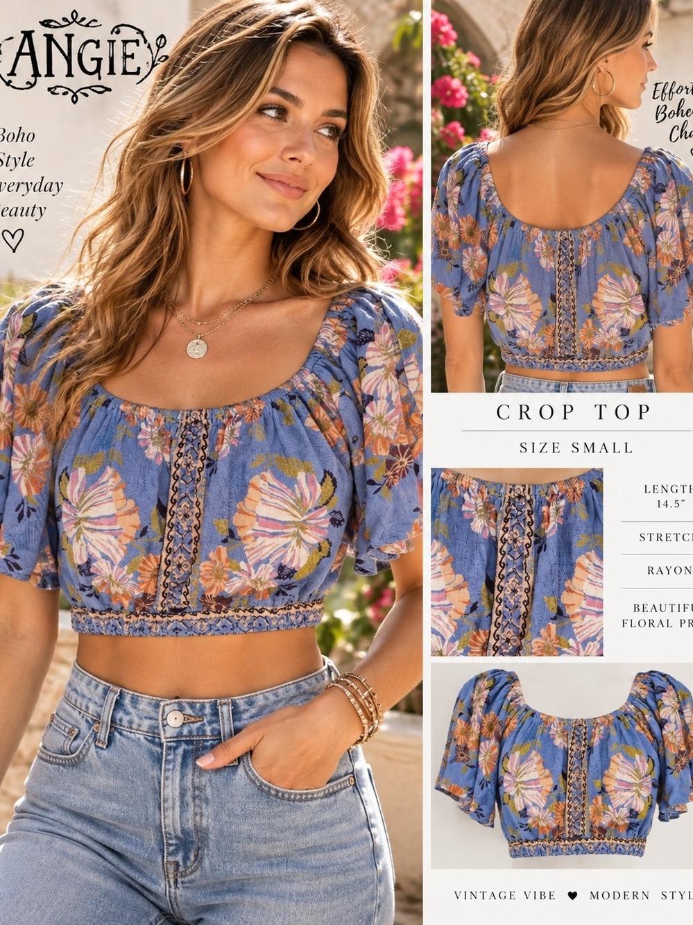 Angie Blue Floral Crop Top - Women's Boho Puff Sleeve
